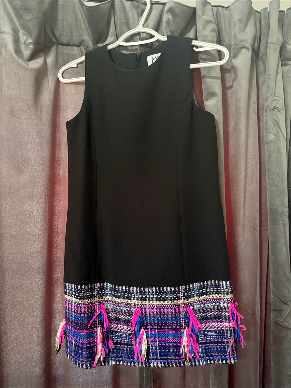 Milly Minis Black Sleeveless Shift Dress with Colorful Fringe Hem